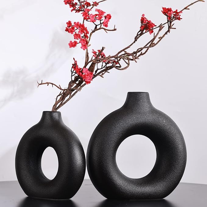 Matte Black Ceramics Vase for Home Decor,Minimalist Nordic Hollow Donut Vase Set of 2,Modern Boho Decor for Kitchen Table Centerpiece,Living Room,Fire Place,Bookshelf,Office,Entryway,Console