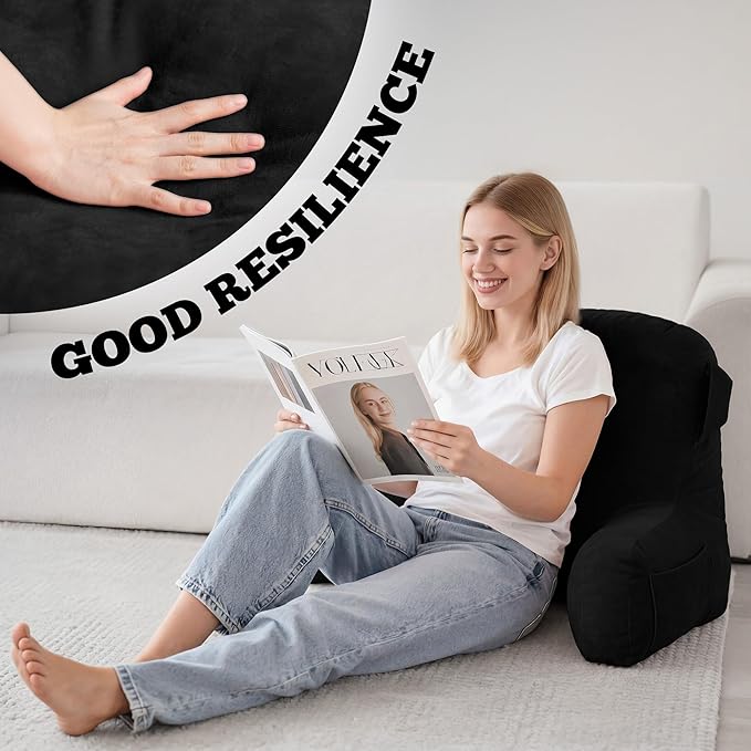Unisakey Portable Comfy Reading Pillows for Bed Sitting Up(Black Oeko-Tex), Velvet Back Pillow with Arms & Pockets for Adults, Support Memory Foam Bed Pillow for Dorm/Reading/Watching/Gaming