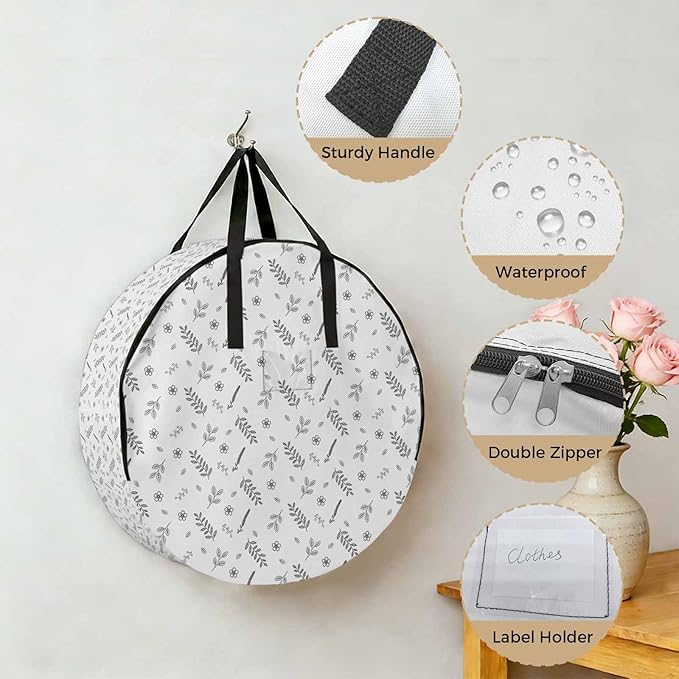 Storage Bag White Wheat Ear Round Storage Totes Bins Closet Organizers with Zippers & Handle Floral Leaf Plant Clothes Storage Container for Bedroom Dorm Space Saving Packing Supplies Moving Bags