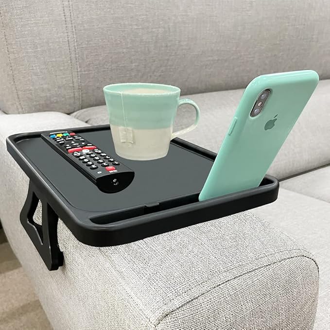 Xchouxer Sofa Armrest Clip Table, TV Snack Tray, Handy Remote Controls/Drinks/Phone Holder (Black)