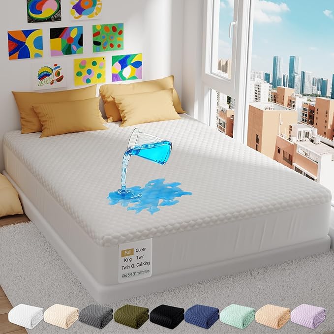 OhGeni 100% Waterproof Full Size Mattress Protector,Soft Mattress Pad,Pet Hair & Bedwetting Resistant,Cooling Breathable Fitted Sheets,Washable Bed Cover,Non-Slip Deep Pocket,Noiseless for Guest Rooms