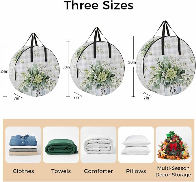 Storage Bag Eucalyptus Leaves Vase Round Storage Totes Bins Closet Organizers with Zippers & Handle Green Leaf Floral Grey Plaid Clothes Storage Container for Bedroom Space Saving Packing Supplies