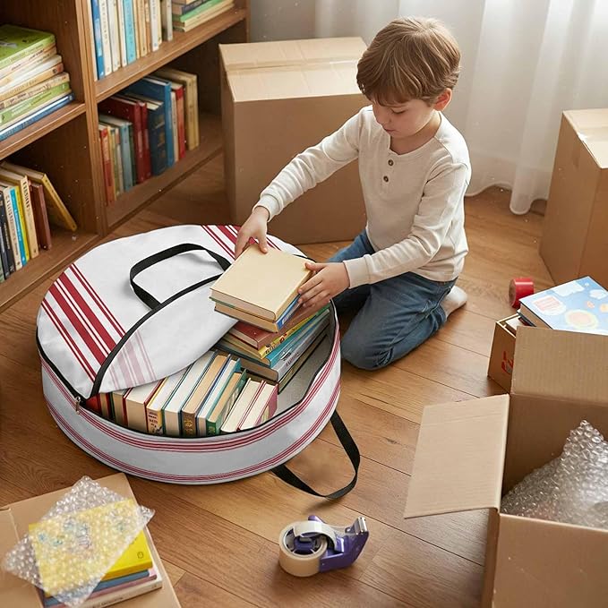Storage Bag Red Ticking Vertically Stripe Round Storage Totes Bins Closet Organizers with Zippers & Handle Simple Style White Clothes Storage Container for Bedroom Dorm Space Saving Packing Supplies
