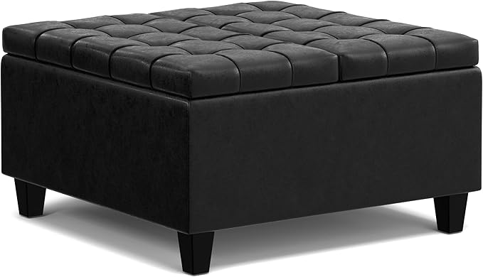 SIMPLIHOME Harrison Small Coffee Table Storage Ottoman - 30 inch Wide Upholstered Vegan Leather Square Lift-Top Ottoman in Distressed Black, Transitional Ottoman for Living Room with Hidden Storage