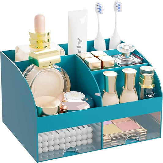 Makeup Organizer with 2 Drawers, Cosmetic Storage for Dresser Vanity and Bathroom Countertop,Make up organization and Skincare Storage with Beauty Brush Holder, Cosmetic Display Case (Dark Green)
