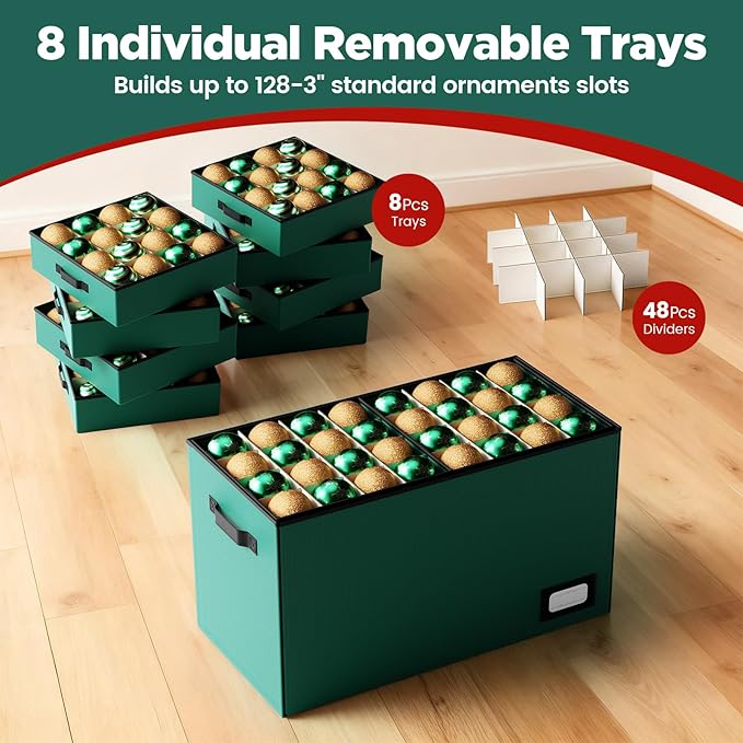 Christmas Ornament Storage Box Store 128 Ornaments, Extra Large Xmas Ornament Organizer Storage box with Lid & Adjustable Dividers, Holiday Decorations Storage Container with 8 Stackable Trays, Green