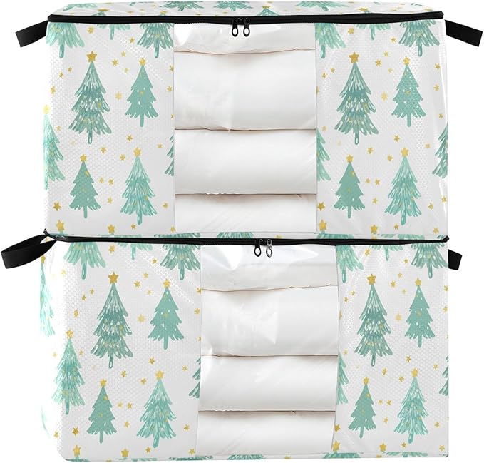 Burbuja Christmas Tree Clothes Storage Bag with Lids and Handle, 2 Pack Foldable Blanket Storage Container with Sturdy Zipper & Clear Window for Bedroom Closet, 60L