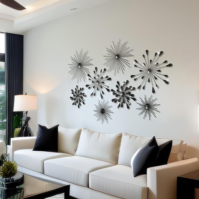 Blulu 8 Pcs Black Metal Wall Art Cast Iron Starburst Wall Decor Bling Crystal Sculptures Living Room 3D Teardrop Radial Rhinestone Hanging Diamond Accents for Home Office Bedroom Entryway