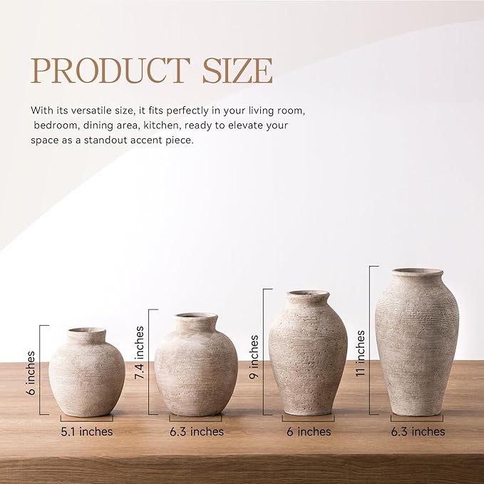 Vanselia Ceramic Flower Vase Home Decor - Large Tall Farmhouse Table Vases Rustic Vintage Living Room Kitchen Bedroom Decorations for House Book Shelf Office Coffee Desk Dining Fireplace (11" Retro)
