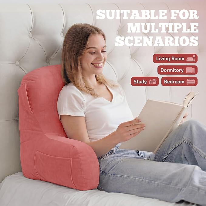 Unisakey Portable Comfy Reading Pillows for Bed Sitting Up(Dark Pink Oeko-Tex), Velvet Back Pillow with Arms & Pockets for Adults, Support Memory Foam Bed Pillow for Dorm/Reading/Watching/Gaming