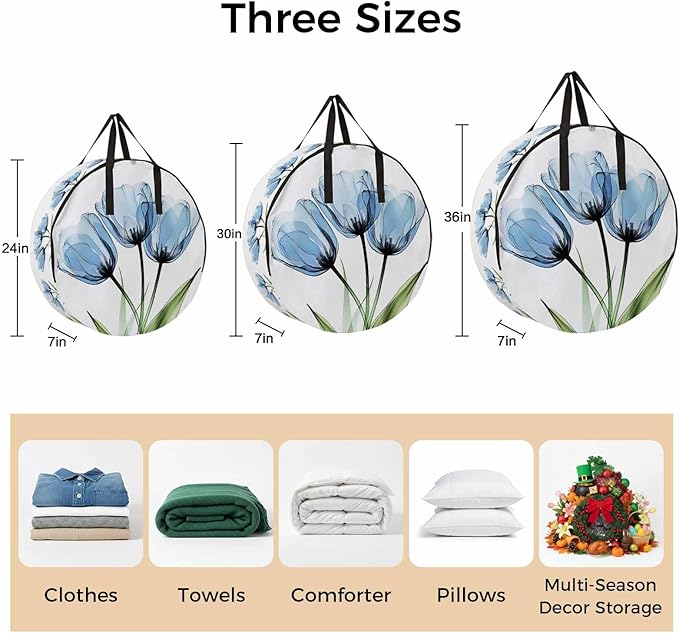Blue Tulip Round Storage Bag 24 Inch, Country Flower Farmhouse Clothes Storage Container with Handles Heavy Duty Organizer for Comforter, Bedding & Holiday Wreaths