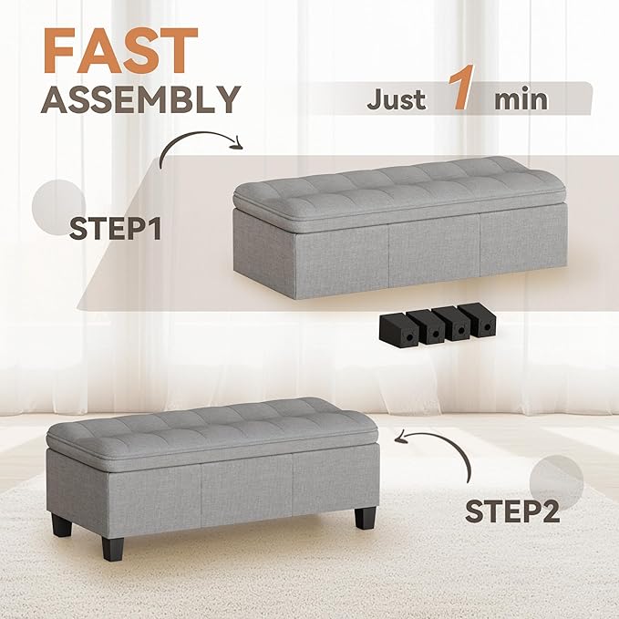 YESHOMY 47 Inches Ottoman with Storage, Storage Bench with Legs, Ottomans for Living Room, Entryway, Adjustable & Movable, Easy Assembly, Light Grey Linen