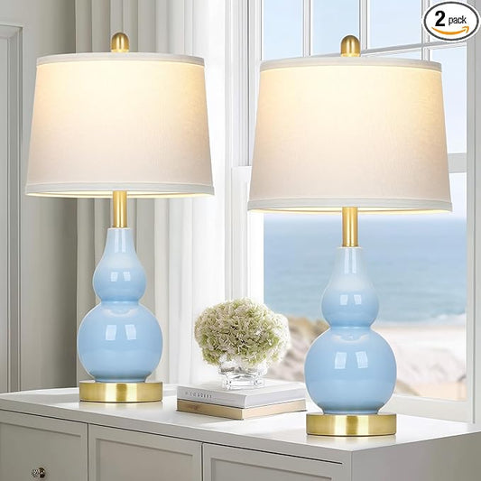 25" Modern Ceramic Table Lamps Set of 2, Blue Double Gourd Ceramic Lamps for Living Room, Coastal Farmhouse Rustic Bedside Nightstand Nautical Lamps for Bedrooms Home Office Dorm(2 LED Bulbs Included)