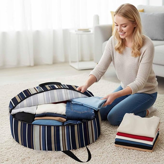 30 Inch Round Storage Bag 2 Pack,Abstract Blue-brown Stripes Waterproof Wreath Storage Container with Handles&Zipper Black White Geometric Closet Organizer Bags Garland Box