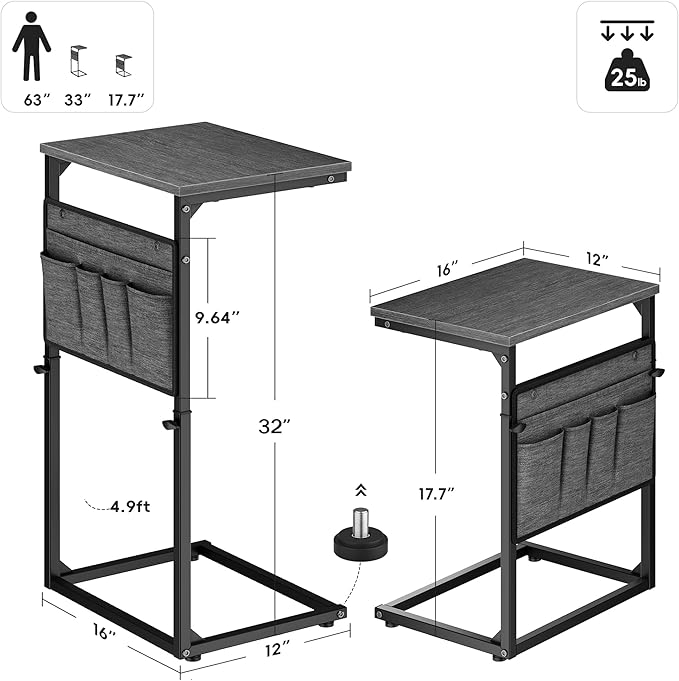 Vagusicc C Shaped End Table, 32'' Tall Side Table for Couch, Adjustable Height Small Couch Side Table for Small Spaces, C Table Slide Under Sofa Table TV Tray Arm Table for Living Room Bedroom