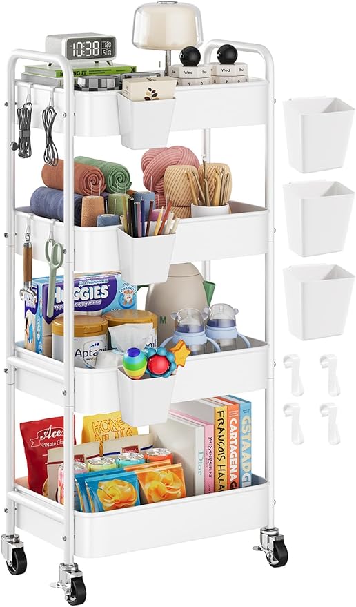 4 Tier Rolling Cart Metal with Wheels, White Four Tiered Rolling Storage Cart on Wheels, Utility Roller Carts Organizer for Art, Craft, Baby Diaper Caddy, Snack, Book, Large-Capacity Shelving Units