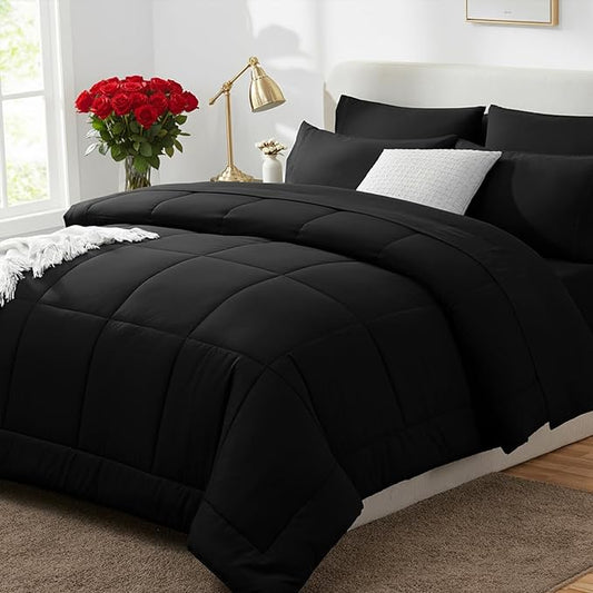 CozyLux Oversized Queen Comforter Sets Black, 7 Pieces Bed in a Bag, Ultra-Soft All Season Bedding Sets with Stitch Quilted Comforter, Flat Sheet, Fitted Sheet, Pillowcases