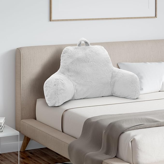 Reading Pillow, Back Support Pillow for Bed Sitting Up, Standard Bed Rest Pillow with Arms for Adults,Back Support Pillow for Couch and Chair, Bed Reading Pillow, White