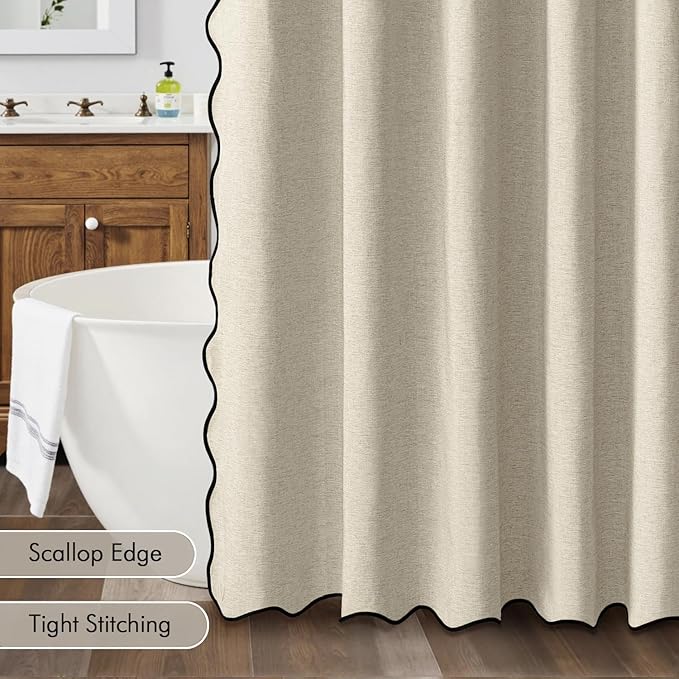 MIULEE 84" Long Scalloped Shower Curtain Linen Textured with 12 Metal Hooks Cute Extra Long Heavy Duty Washable Waterproof Cloth Shower Curtains with Black Border for Bathroom Hotel Bathtub,Natural