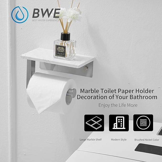 BWE Brushed Nickel Toilet Paper Holder with Marble Shelf, Toilet Paper Roll Holder Wall Mounted, Toilet Paper Roll Holder with Phone Shelf 304 Stainless Steel Tissue Holder for Bathroom Washroom
