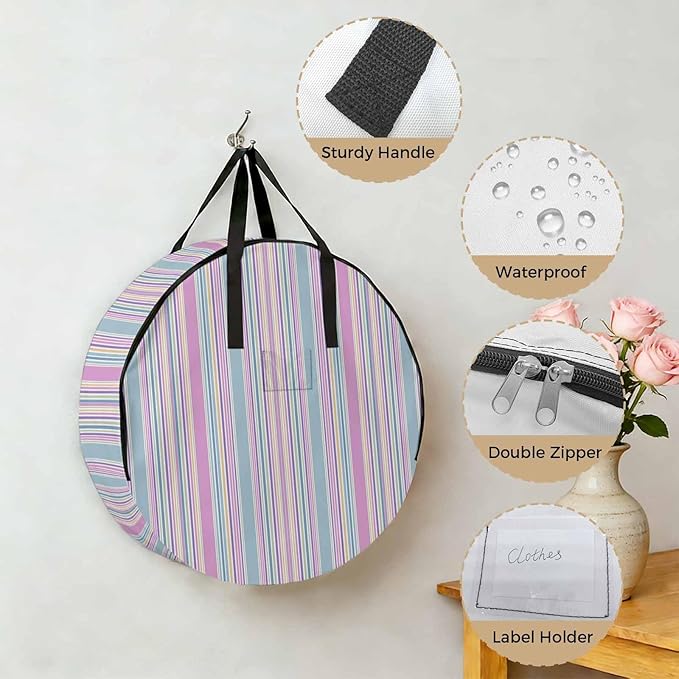 Storage Bag Pink Striped Round Storage Totes Bins Closet Organizers with Zippers & Handle Geometric Blue Stripes Clothes Storage Container for Bedroom Dorm Space Saving Packing Supplies Moving Bags