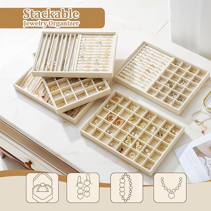 Large Velvet Jewelry Tray 2 Pack Stackable Jewelry Display Drawer Inserts Trays Organizer for Earring Bracelet Necklace Ring (Beige, 35 Grids)