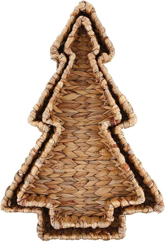 47th & Main Christmas Tree Shaped Baskets for Decoration Nesting Woven Water Hyacinth Storage Trays, Set of 2, Natural