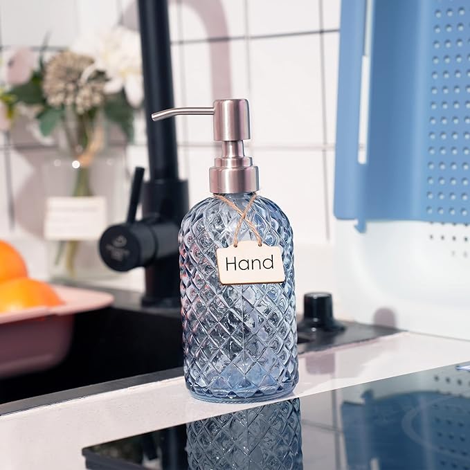 16 oz Diamond Pattern Glass Soap Dispenser, Kitchen and Bathroom Refillable Soap Dispenser with Rust Resistant Stainless Steel Pump for Hand Soap, Lotion Glass Liquid Dispenser (Blue)