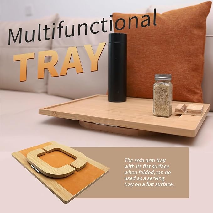 ArtBeek Couch Arm Tray for Large Size Sofa Arm, 12.8 inch Width Bamboo for Sofa Arm Over 11" on Side Table, Foldable Couch Armrest Table with 360° Phone Holder for Eating/Drinks/Snacks/Remote/Control