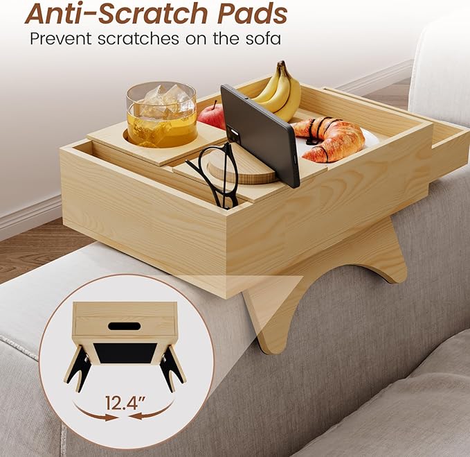 Sofa Arm Tray Table - Adjustable Couch Armrest Table with Cup Holders, 360° Rotating Tablet Holder, Anti-Slip Base & Storage Drawer - Fits 4" to 12.4" Armrests, Waterproof Pine Wood