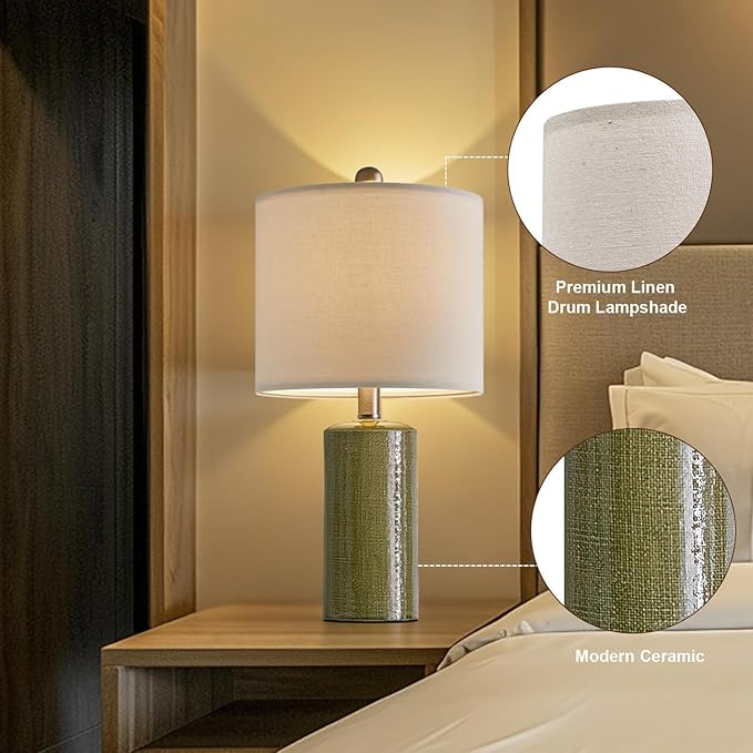 G-SAFAVA 20.25" Small Table Lamps Set of 2 Modern Ceramic Lamps for Living Room Farmhouse Bedside Lamps Boho Lamps for Night Stands Green Bedroom Lamp Side Table Lamps End Table Lamp