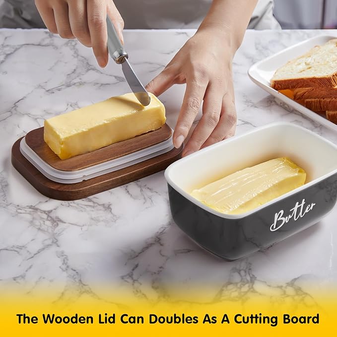 ALELION Ceramic Butter Dish with Lid and Knife for Countertop, Airtight Butter Keeper for Counter or Fridge, Butter Container with Thick Acacia Wood Lid, for Kitchen Decor and Accessories, Gray