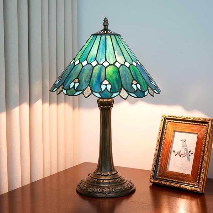 Tiffany Lamp Stained Glass lamp 12x12x18 Inches Bedside Table Lamp for Living Room Bedroom Dorm Kitchen Home Decor Festival Birthday Gift,Sea Blue
