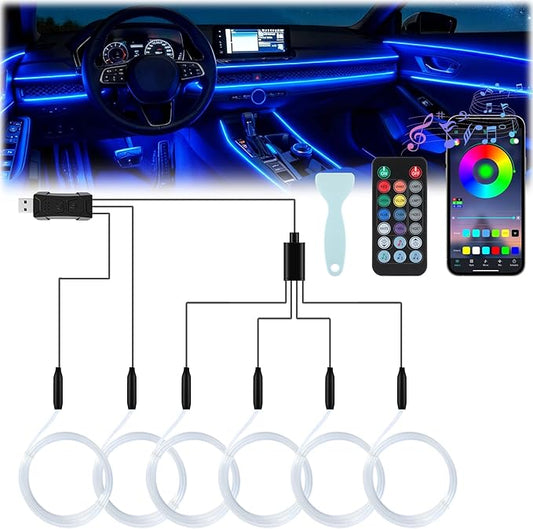 LivTee Smart Car LED Interior Lights with USB Port, LED Strip Fiber Optic Lights, Wireless App and Remote Control, Sync to Music, Car Accessories Gifts for Women and Men, 6 in 1