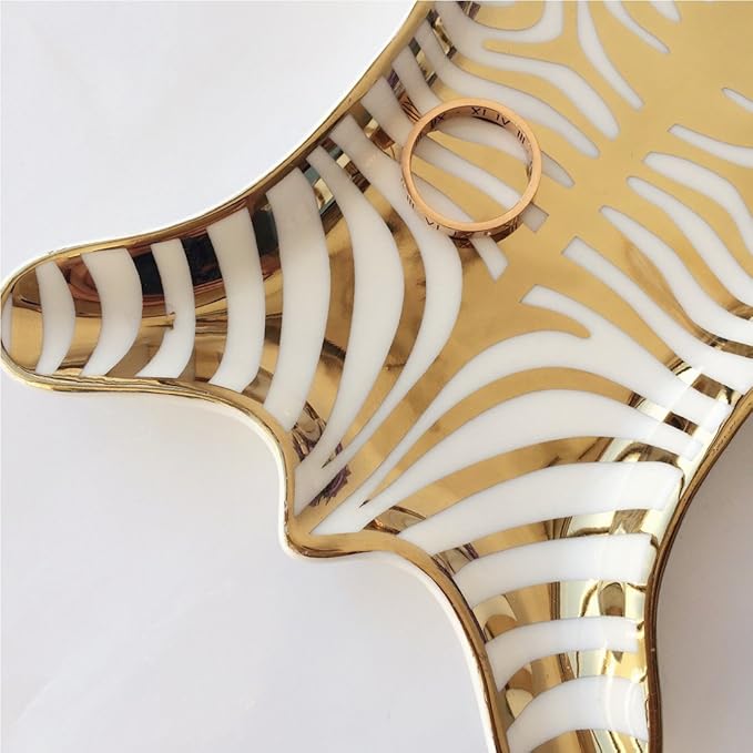 Zebra Stripe Jewelry Tray Ceramic Dishes Plate Gilded 5.9", Gold