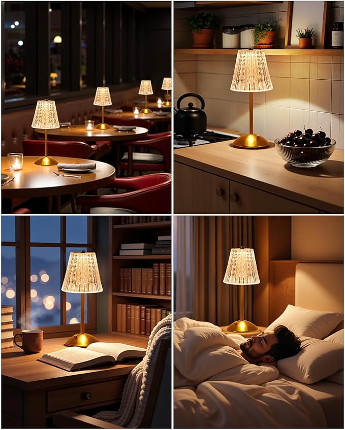 Nusogon Cordless Touch Table Lamp, LED Rechargeable Small Dask Lamp, 3 Colors Dimmable Battery Operated Crysta Lamp for Bedroom Restaurant Kitchen Home Decor, Gold, 2pcs