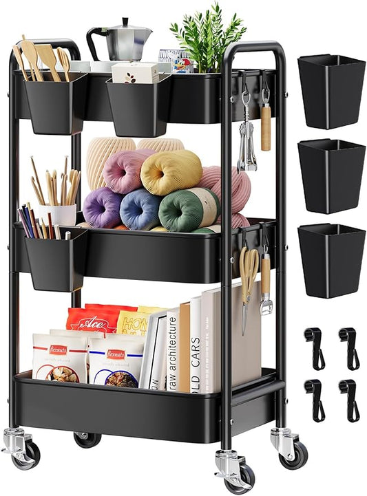 3 Tier Rolling Cart Metal with Wheels, Black Three Tiered Art Cart Organizer on Wheels, Storage Utility Trolley Carts for Kithcen, Craft, Nail, Lash, Makeup, Salon,Bedside, Bathroom, Office, Snack