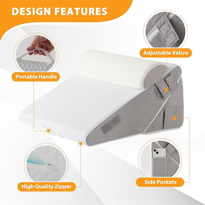 Ruqmuis 3PCS Wedge Pillow Set for After Surgery, Adjustable 9&12 Inch Bed Wedge Pillow for Sleeping, Incline Pillow Wedge for Headboard, Post Surgery, Acid Reflux, Neck&Back Support, White/Grey