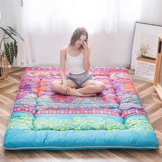 MAXYOYO Bohemian Retro Mattress Boho Floral Japanese Futon Mattress Tatami Floor Mat Foldable Portable Camping, Sleeping Pad, Lounger Couch Bed Full Size