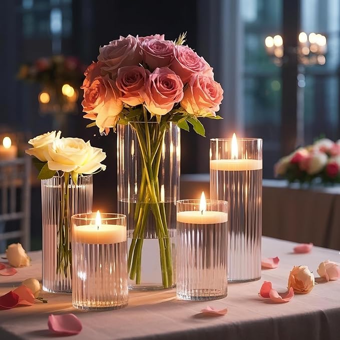 36 Pack Ribbed Glass Cylinder Vases 4,6,10 Inch Tall Clear Flower Vase Hurricane Floating Candle Holder for Table Centerpiece Wedding Home Decor