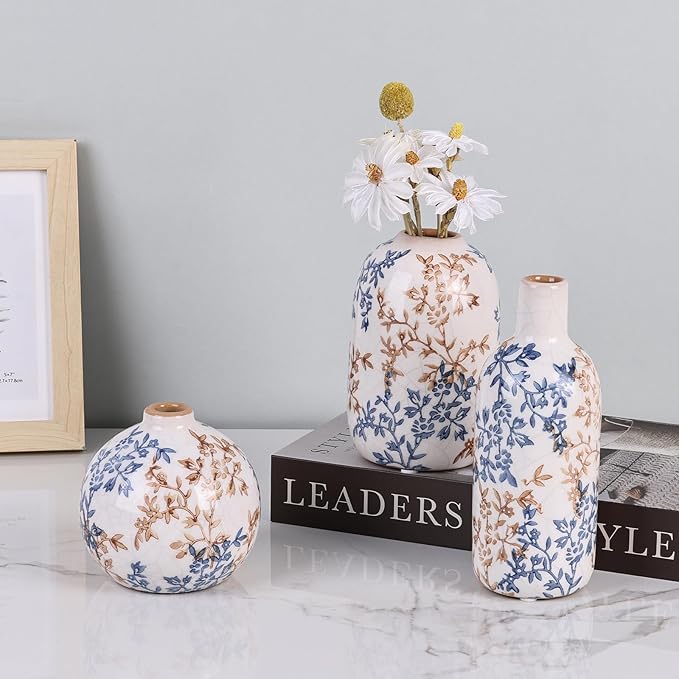 Cute Vase Matte Ceramic vases Set of 3 Blue, Modern Boho Vases for Decor Small vase,Centerpiece Table Decor japandi Home Decor Minimalist vase for Décor Room,Entryway, Bookshelf, Mantel, Shelf Décor