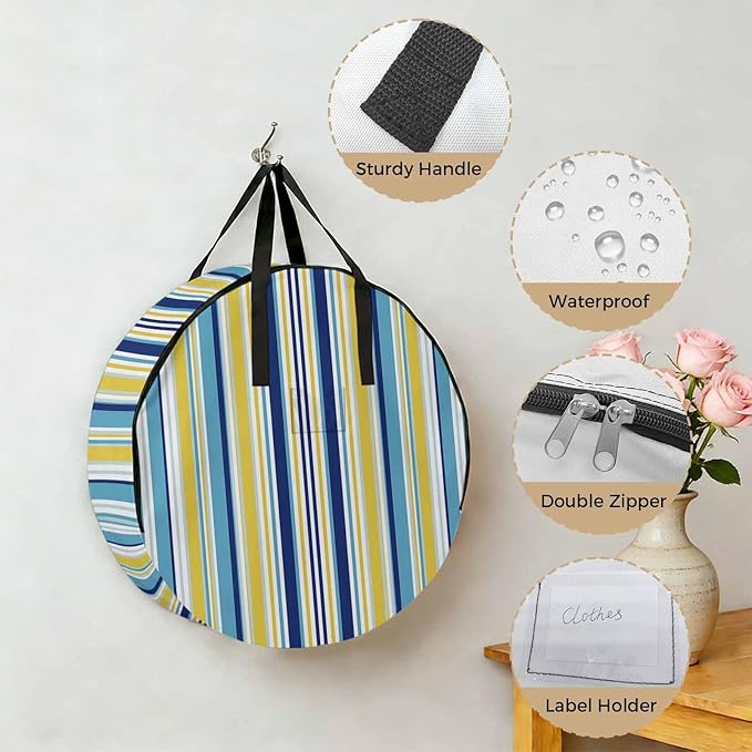 Storage Bag Navy Blue Striped Round Storage Totes Bins Closet Organizers with Zippers & Handle Geometric Yellow Stripes Clothes Storage Container for Bedroom Dorm Space Saving Packing Supplies Bags