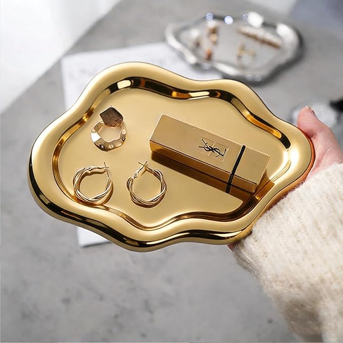 Jewelry Tray for Women, Cloud Shape Ceramic Trinket Dish, Jewelry Organizer Storage Holder for Ring Earring Bracelet Necklace, Make Up Organizer (White) (Gold)