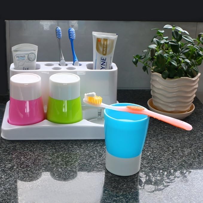 Toothbrush Holder 5 Hole Toothpaste Stand Bathroom Organizer with 3 Rinse cups for Family Set