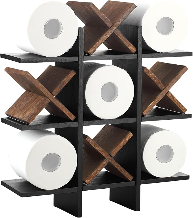 Weysat Tic Tac Toe Toilet Paper Holder Stand Bathroom Wall Decor Rustic Wooden Hanging Storage Freestanding Wall Mounted Shelves Decor for Toilet Tissue Farmhouse