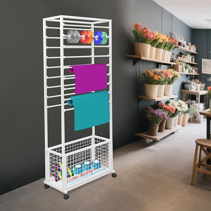 Mobile Ribbon Holder Double-Sided Ribbon Organizer Rack with 20 Hanging Rods Multifunctional Flower Wrapping Paper Storage Stand with Lockable Wheels Wrapping Paper Rack (26.38*12.6*66.93in, White)