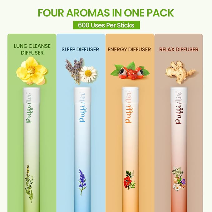 Herbal Diffuser Quartet, Lung, Sleep, Energy & Relax Diffuser with Extract of Mullein, Melatonin, Natural Caffeine and Chamomile, 100% Natural Swap, Complete Wellness Quartet, 600 Uses Each