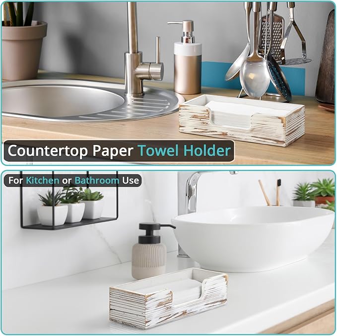 Paper Towel Dispenser Countertop, Retro White Wood Bathroom Paper Towel Holder, Black Napkin Holder for Kitchen, Countertop Multifold C-Fold, Z-Fold, Trifold Paper Hand Towel Dispenser for Toilet