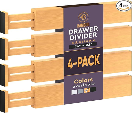 4 Pack Bamboo Drawer Dividers - 2.6 in High, Adjustable 16 to 22 in Expandable Drawer Organizers and Dresser Separators for Clothes, Bedroom, Bathroom, Kitchen, and Office Organization and Storage