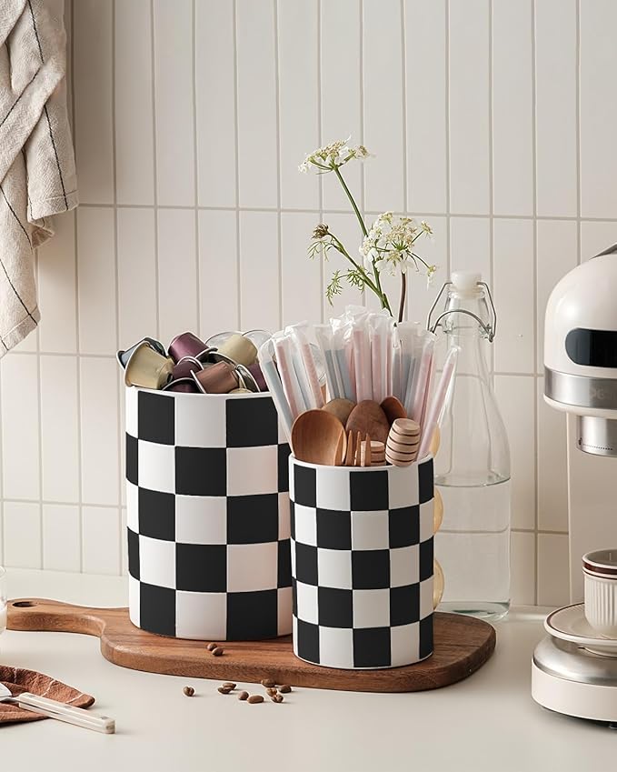 Checkered Kitchen Utensil Holder - 7.1"+5.8" Ceramic Utensil Crock for Countertop, Kitchen Decor and Accessories for counte (Black)